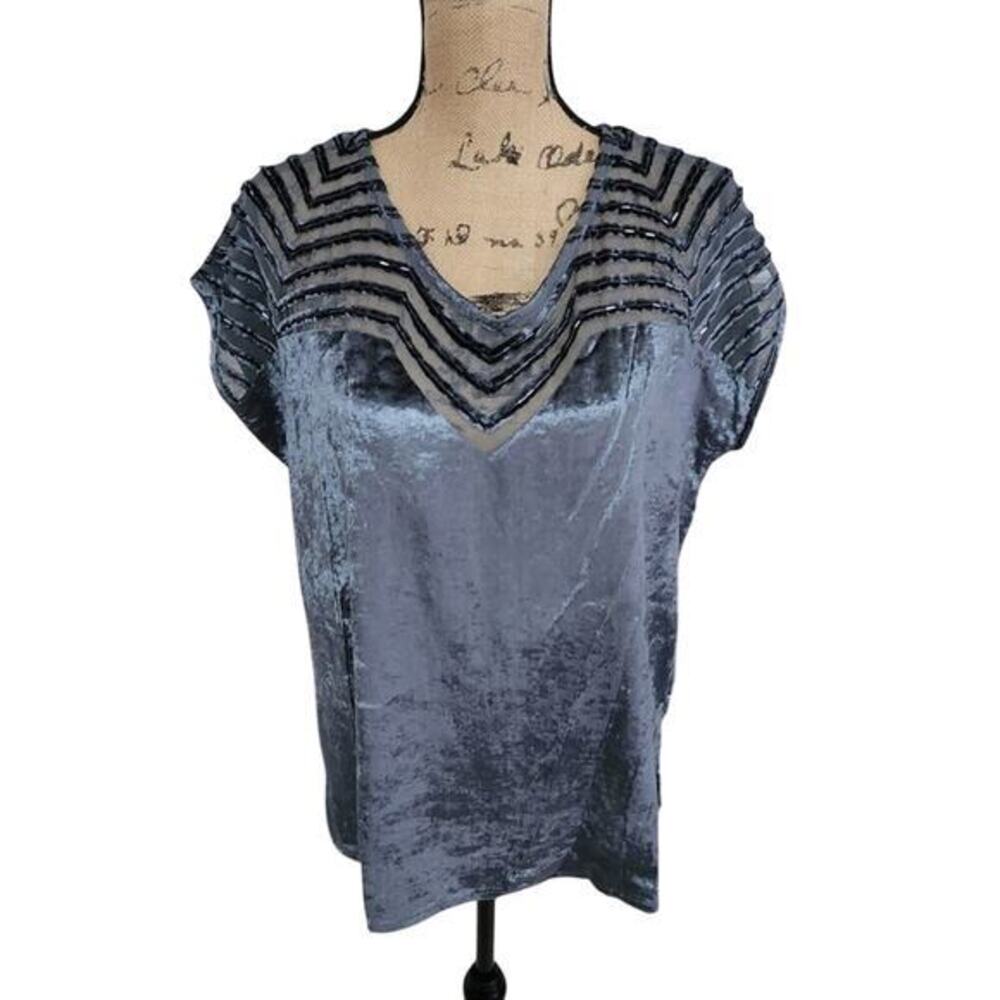 Soft Surroundings Blue Grey Crushed Velvet Beaded Mesh V-Neck Top S 29422